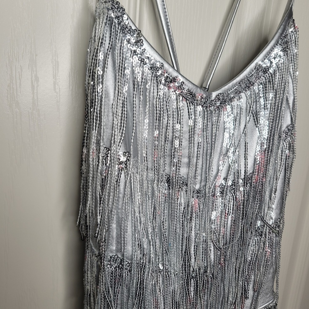 Silver Fringe Lace-Up Back Romper Women's Sz M Vegas Party Go-Go Burlesque Eras - Picture 12 of 13
